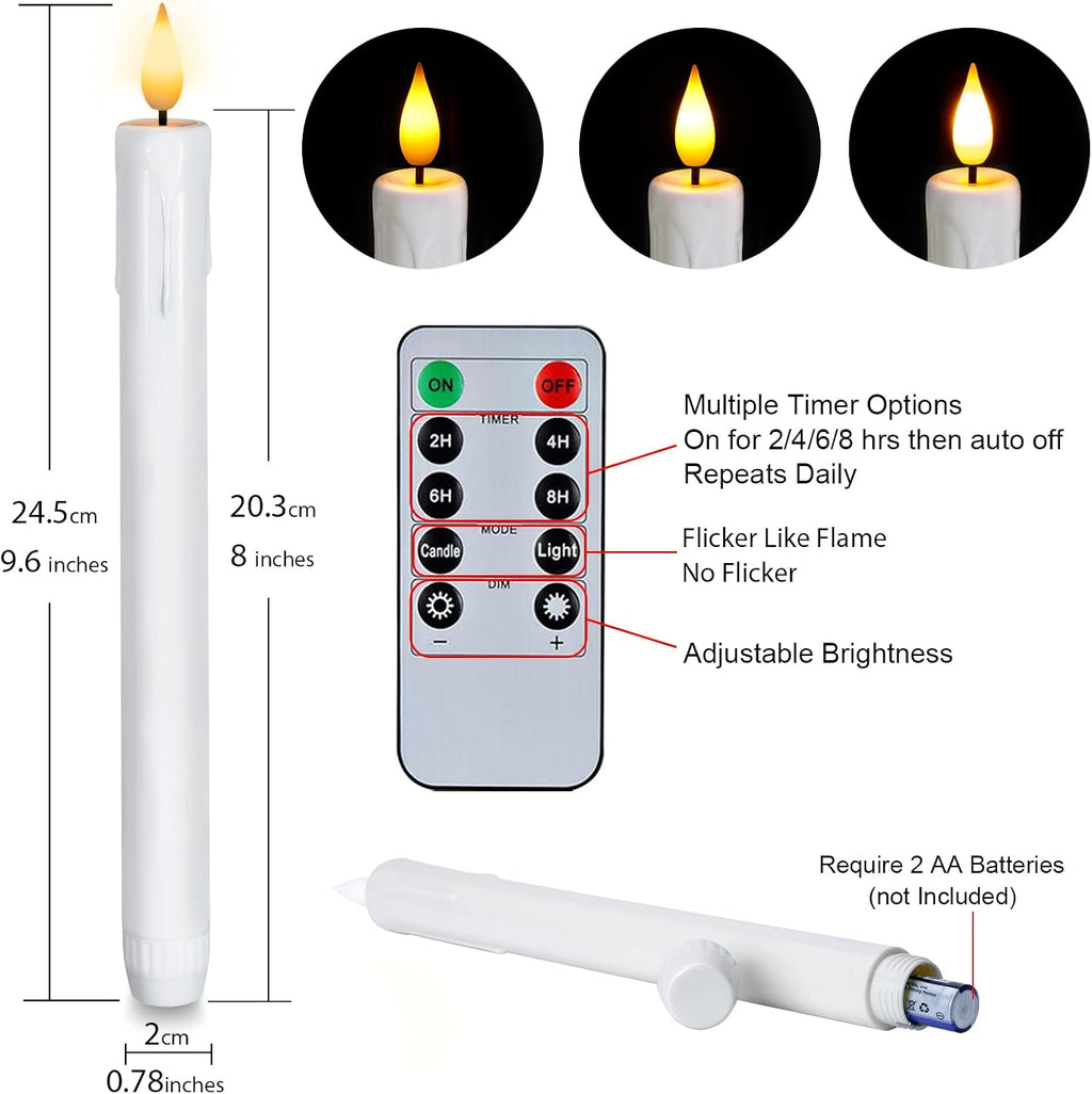 Homemory 6 Pcs Flameless Taper Candles with Remote, Timer, Dimmer, 9.6 Inches Plastic White Led CandleSticks with Flickering Light, Battery Operated Window Candles for Halloween Christmas Decoration