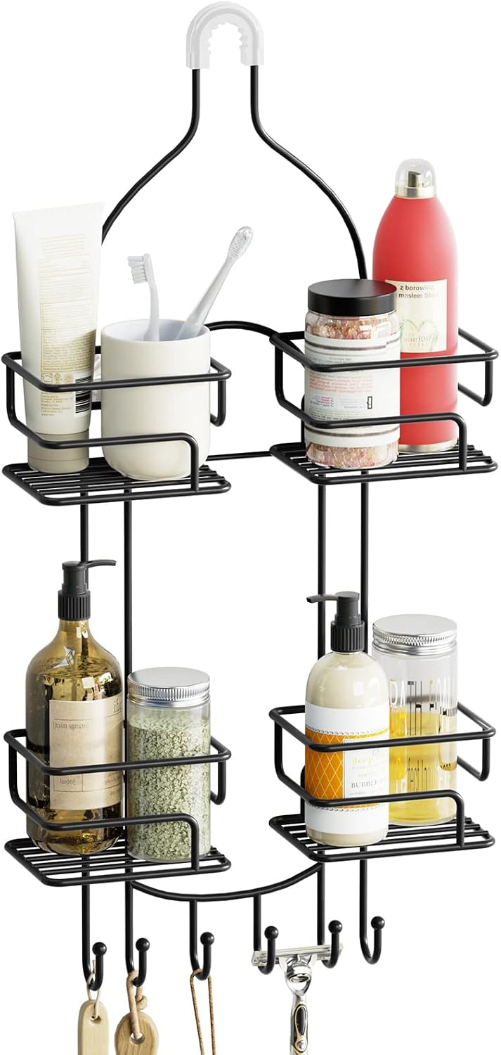 SRIWATANA Shower Caddy Hanging, Shower Organizer with Razor Hooks, Black