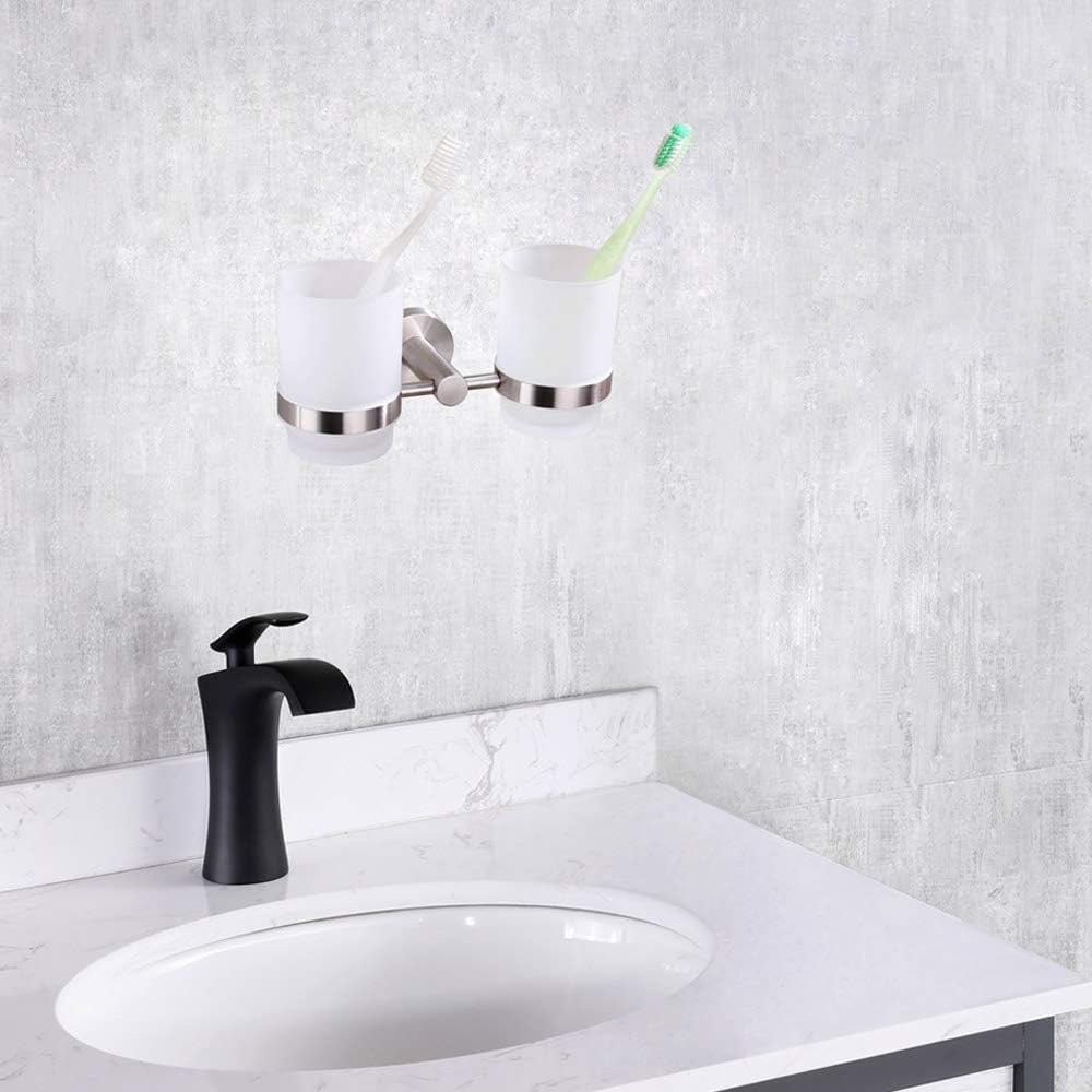 Angle Simple Double Toothbrush Holder Brushed Nickel, 2 Frosted Glass Cups