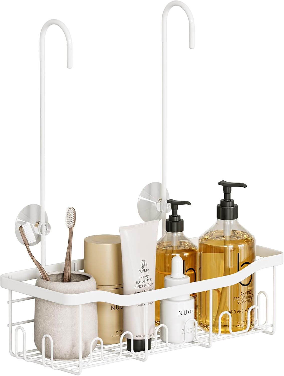 BYT Shower Caddy Hanging, Organizer Hanging for Bathroom, Shower Basket with Hooks, Shower Storage, Shelf, Rack No Drilling for Faucet or Cross Bar (White)