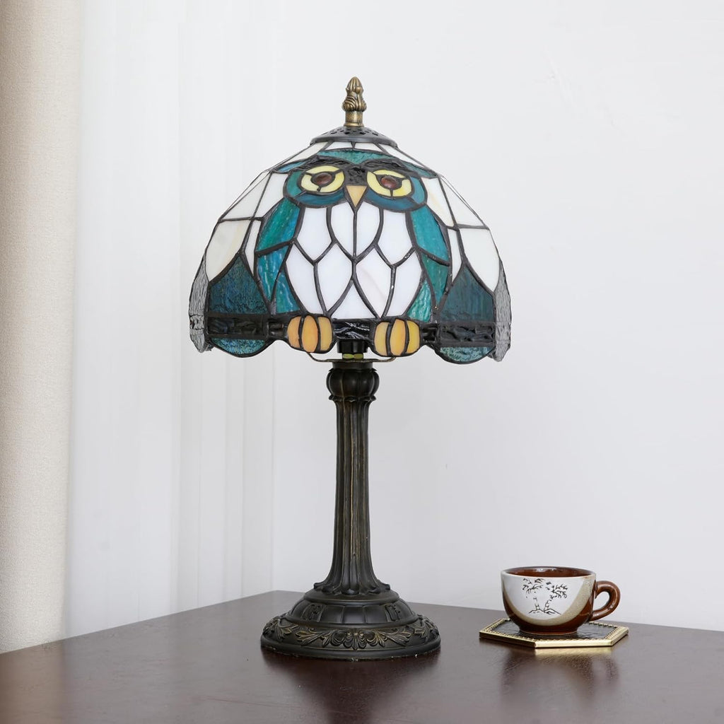 Tiffany Owl Animal Stained Glass Table Lamp Handmade Bedside Table Night Unique Cute Accent Nightstand Light Antique Art Craft Gifts Lamp for Home Office Dormitory Bar Decorate