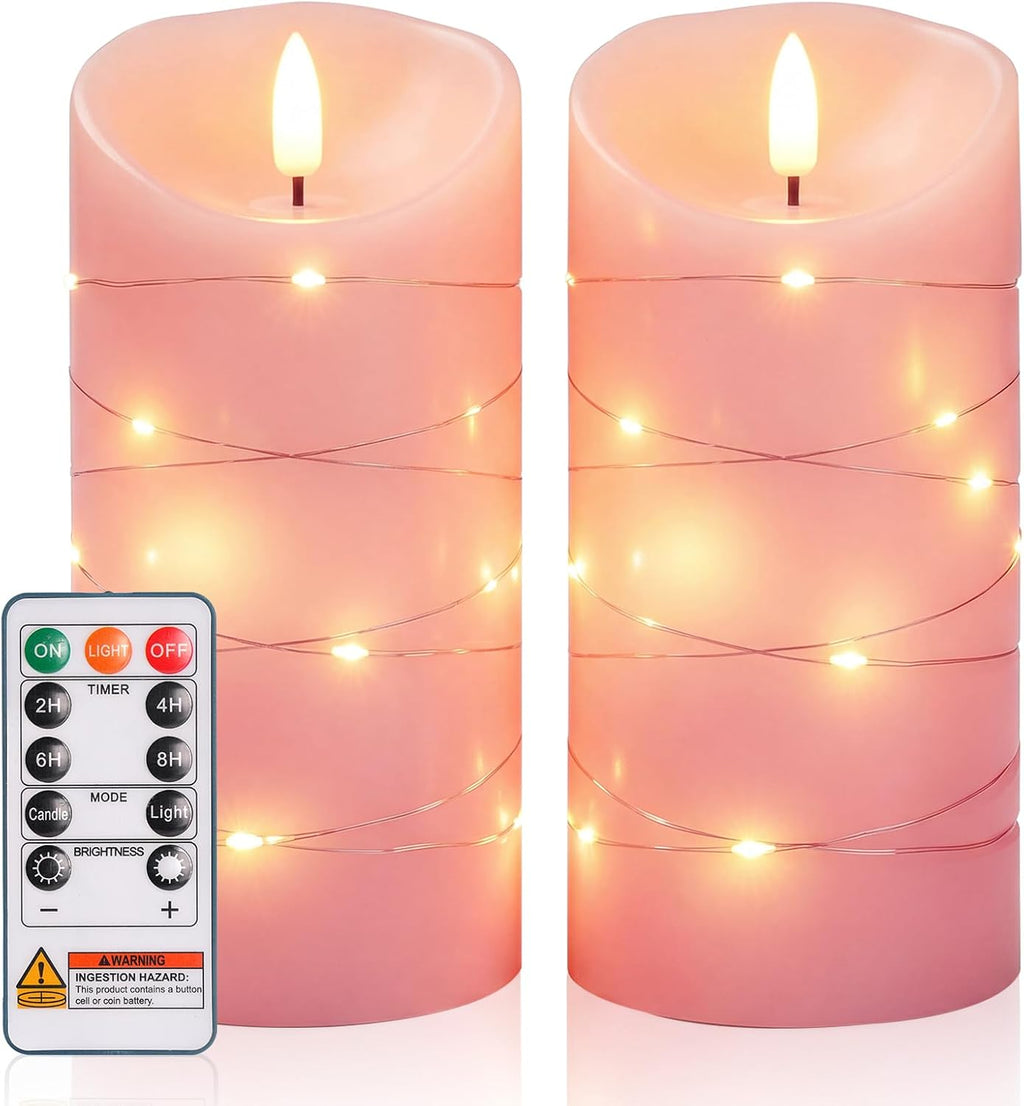 Homemory Flameless Candles with String Lights, 2 Pack Embedded Fairy String Lights LED Candles, Electric Flickering Candles with Remote Control and Timer, Real Wax, Pink