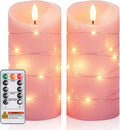 Homemory Flameless Candles with String Lights, 2 Pack Embedded Fairy String Lights LED Candles, Electric Flickering Candles with Remote Control and Timer, Real Wax, Pink