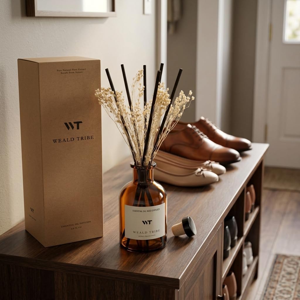 WEALD TRIBE Reed Diffuser Set for Bathroom Air Fresheners, Oil Diffuser Sticks | White Jasmine Scent 4.0 fl oz Home Fragrance with Sticks Defusers | House Bedroom Office Shelf Decor