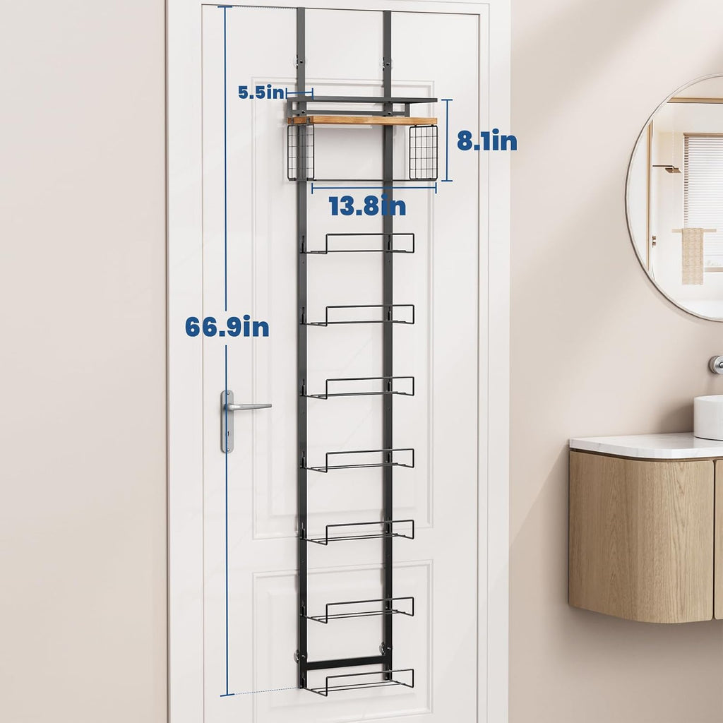 Aetyord Towel Racks for Bathroom Over The Door Towel Racks Towel Storage Organizer with Metal Shelf Basket for Bathroom Rv Camper (9-Tier Black with Wood Plank)
