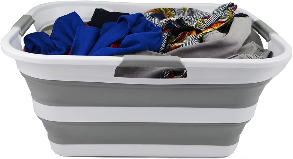SAMMART 42L (11 gallon) Collapsible Plastic Laundry Basket - Foldable Pop Up Storage Container/Organizer - Portable Washing Tub - Space Saving Hamper/Basket (White/Grey (Set of 2))