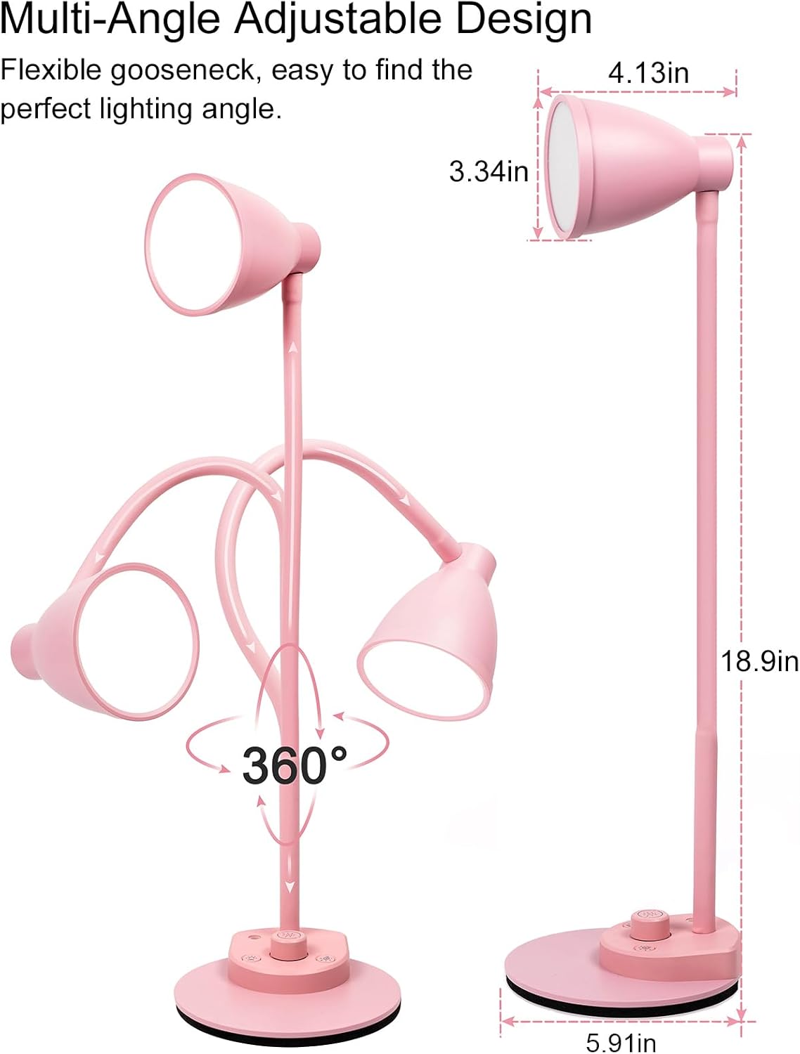 BOHON Cute Desk Lamp with USB Charging Port, 3 Color Modes Dimmable, Pink