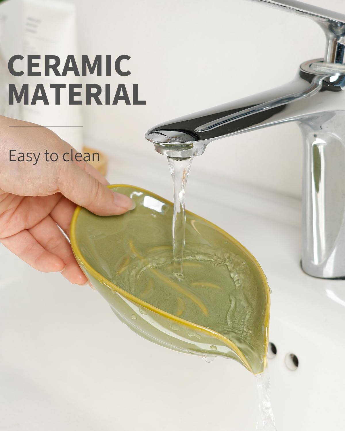 Soap Holder, Self-Draining Soap Dish, Leaf Shape Ceramic Bar Soap Holder Drain Soap Dishes for Bathroom Sink Kitchen, Easy to Clean Keeps Soap Dry, Olive Green, ANTIS'S HOME