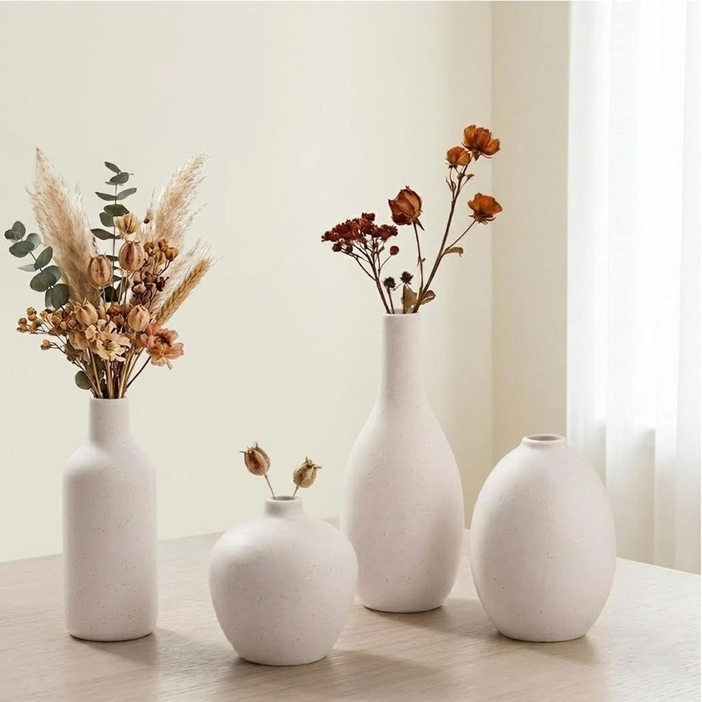 Ceramic Vase Set of 4 – Modern Farmhouse Decorative Vases for Home Decor, Minimalist Matte Pottery Vases for Flowers, Pampas Grass, Table Centerpiece, Mantel, Shelf & Entryway (Beige)