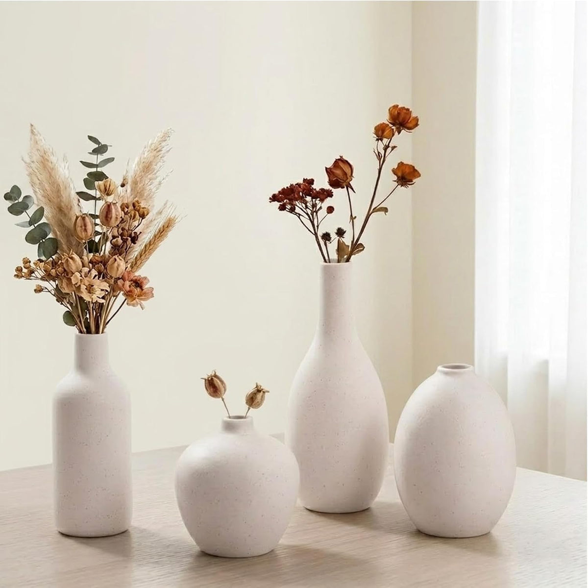Ceramic Vase Set of 4 – Modern Farmhouse Decorative Vases for Home Decor, Minimalist Matte Pottery Vases for Flowers, Pampas Grass, Table Centerpiece, Mantel, Shelf & Entryway (Beige)