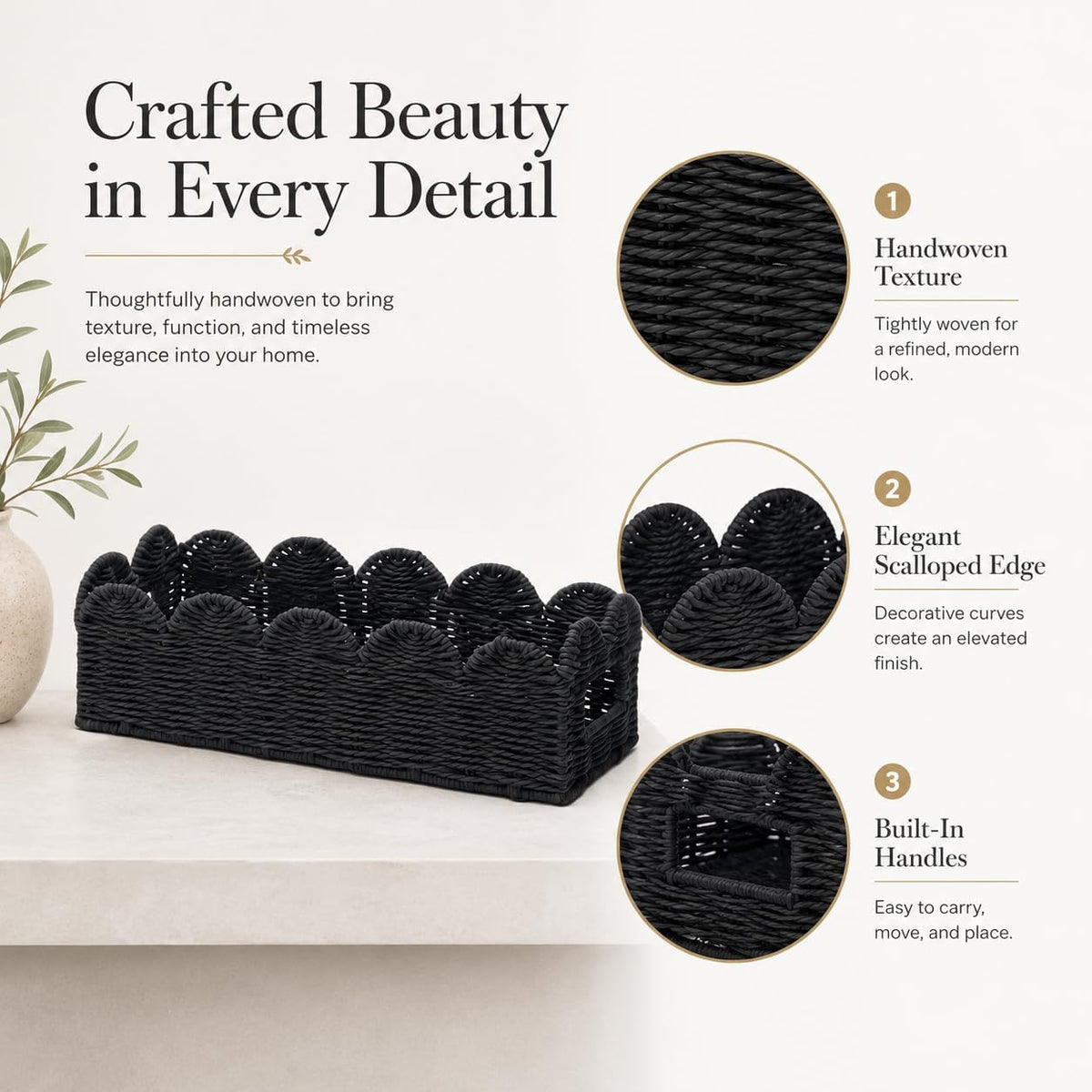 Black Scalloped Basket, Toilet Tank Tray, Back of Toilet