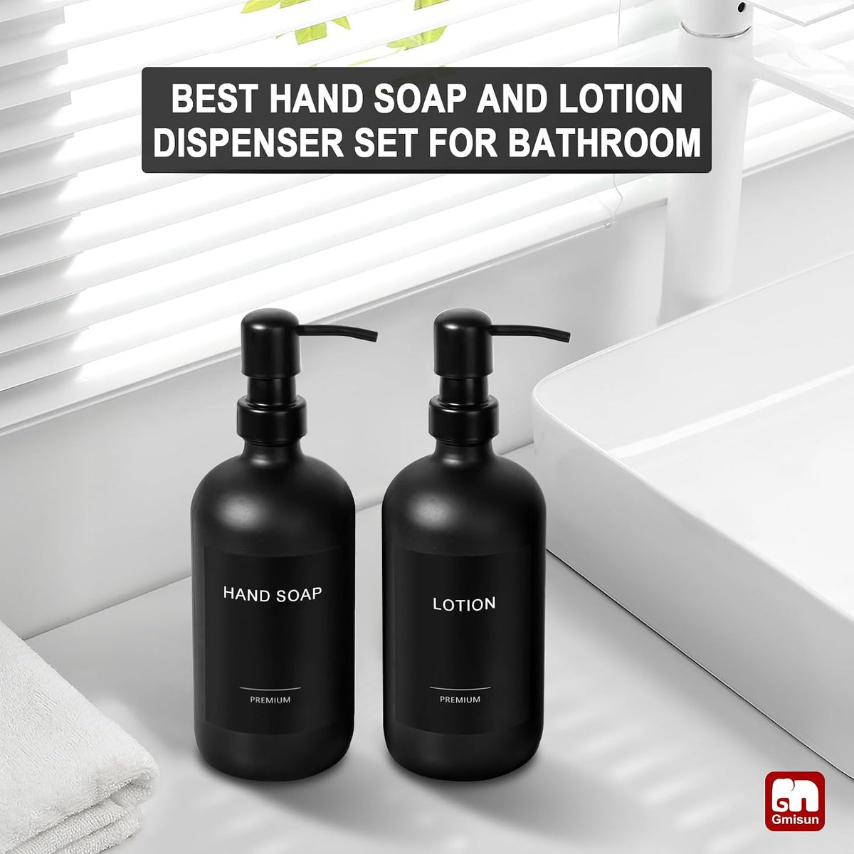 GMISUN Black Soap Dispenser, 2 Pack Matte Black Hand Soap Dispensers Bathroom with Stainless Steel Pump, 17 Fl Oz Glass Dish Soap Dispenser Set for Kitchen, Modern Liquid Soap Bottle with Labels