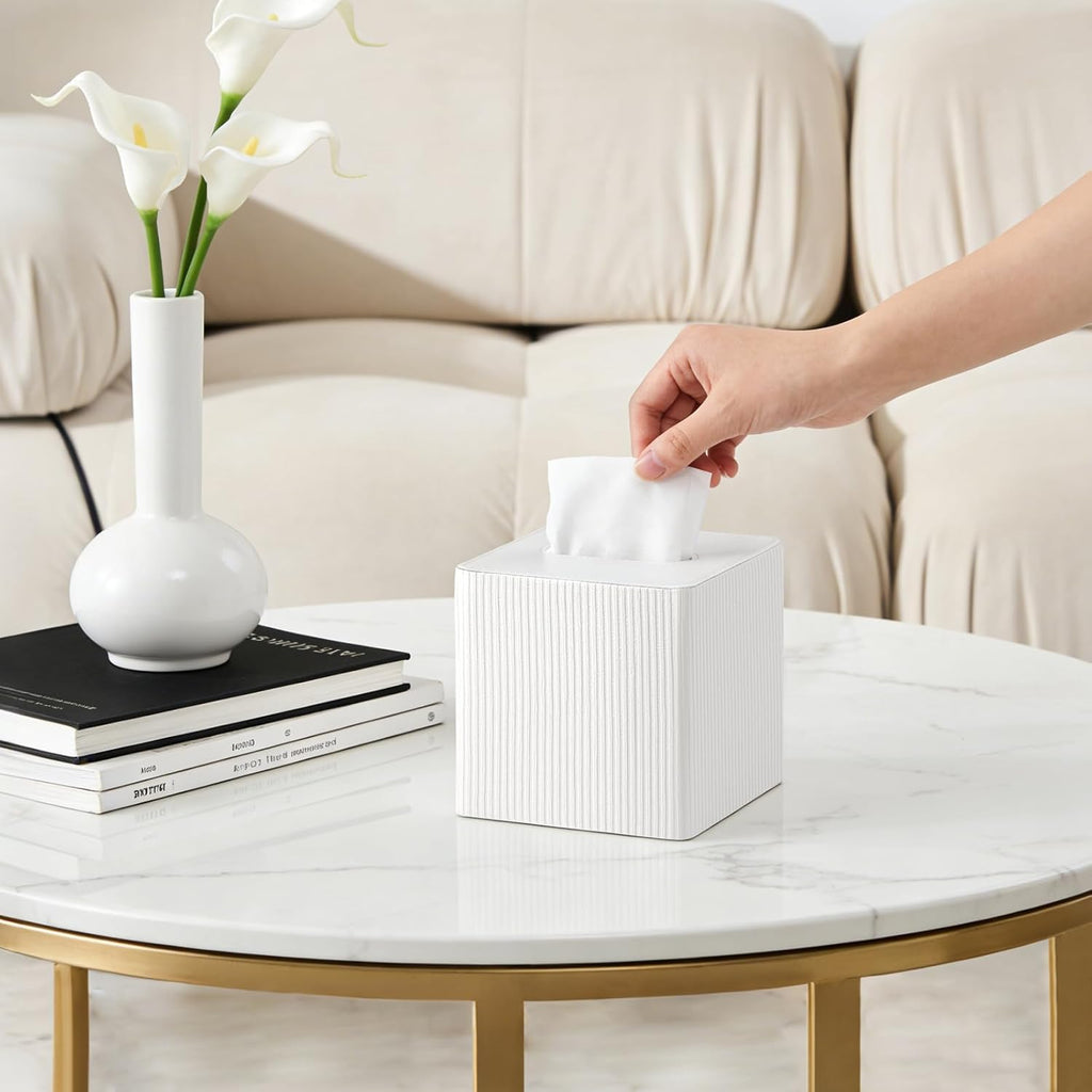 Mkono Tissue Box Cover, PU Leather Square Holder with Bottom, Beige