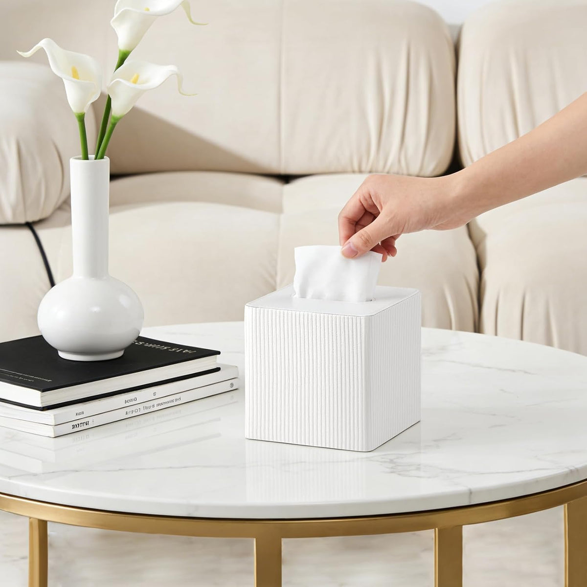 Mkono Tissue Box Cover, PU Leather Square Holder with Bottom, Beige