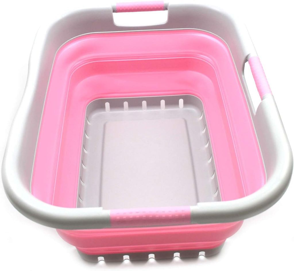 SAMMART 41L (10.8 gallon) Collapsible 3 Handled Plastic Laundry Basket - Foldable Pop Up Storage Container/Organizer - Portable Washing Tub - Space Saving (3 handled rectangular, Grey/Pink)