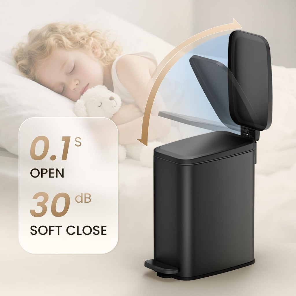 Cesun Slim Bathroom Trash Can with Lid, Soft Close, Black, 6L/1.6 Gallon