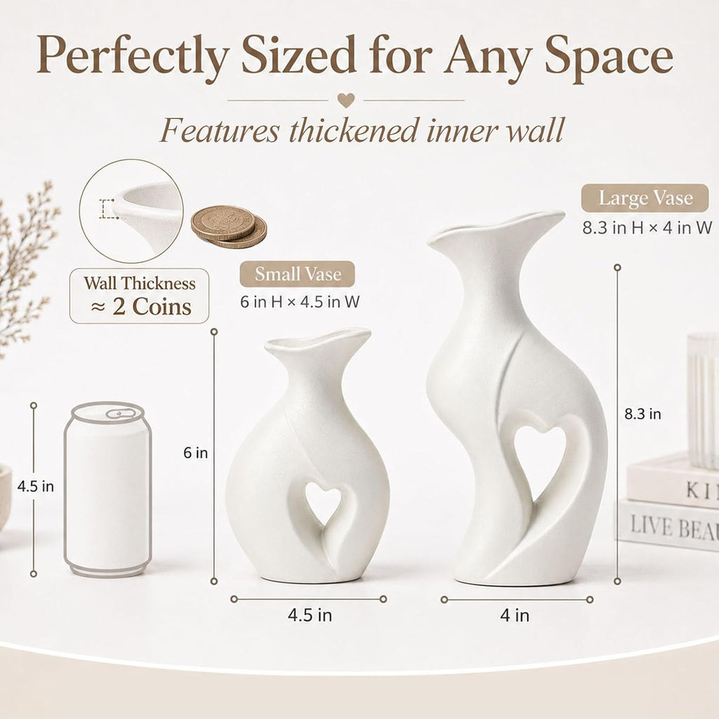 Heart Shaped Ceramic Vases Wabi Sabi Boho Flower Vase Set (White)
