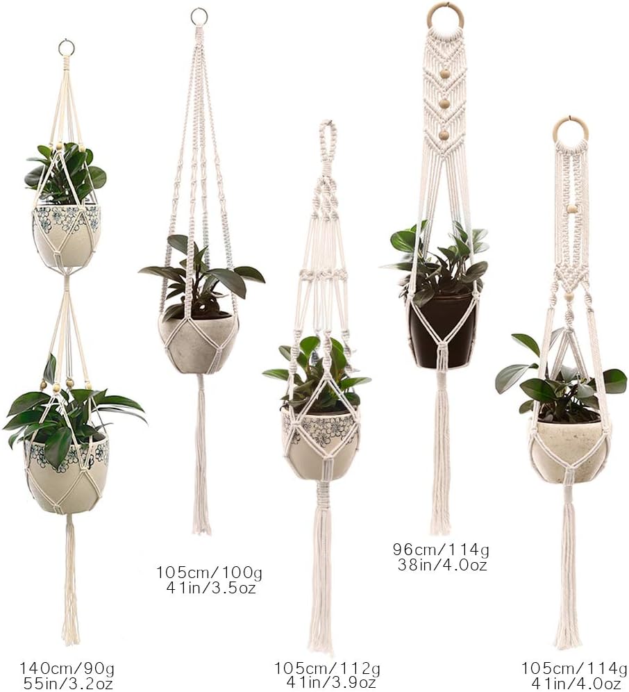 Macrame Plant Hangers Handmade Cotton Rope Flower Pot Holder Boho Theme Indoor Outdoor - Pack of 5 with Ceiling Hooks