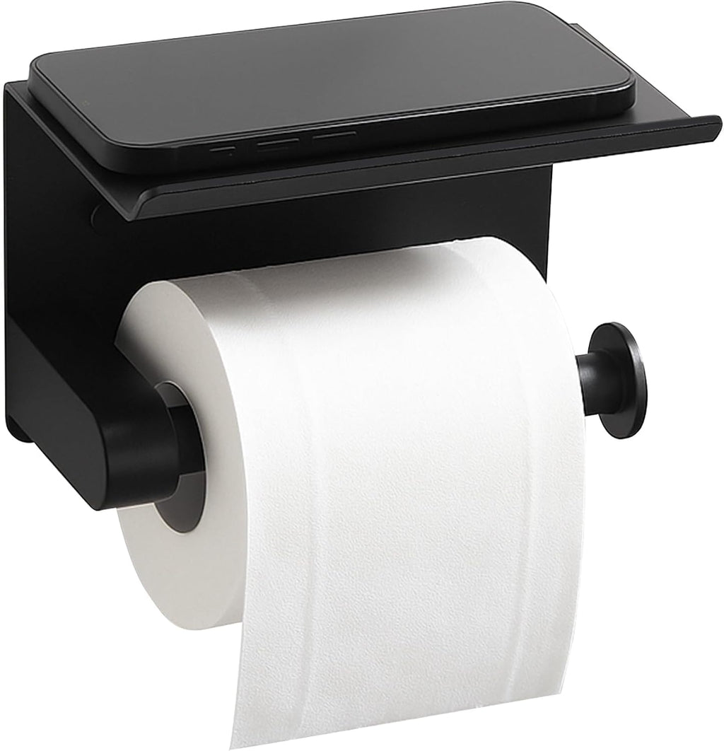 BGL Toilet Paper Holder with Shelf, Matte Black Rustproof Adhesive or Drill Installation Fits Mega Rolls Bathroom Tissue Holder