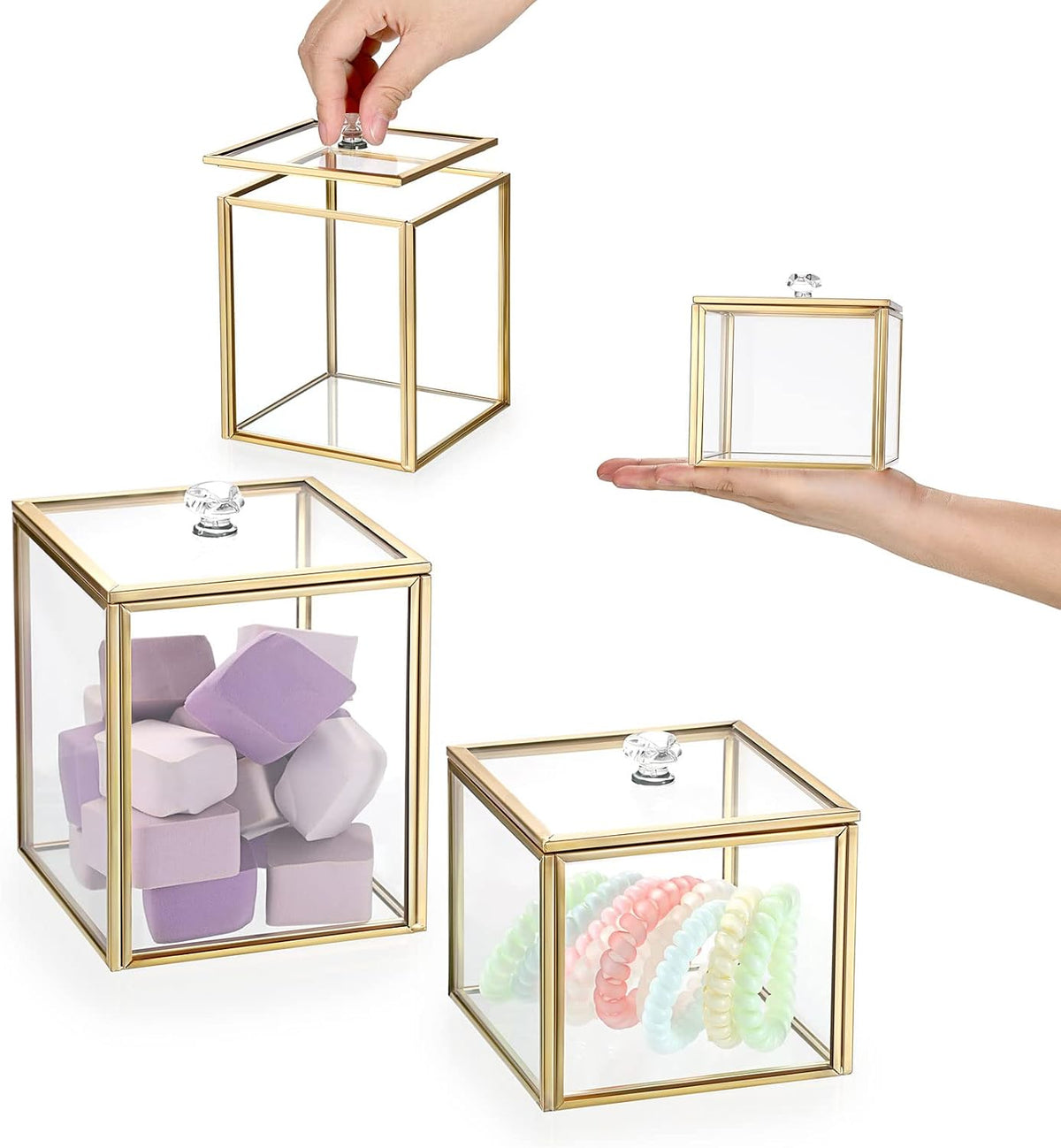 Hipiwe 2 Pack Glass Qtip Holder Dispenser With Lid Gold Bathroom Containers