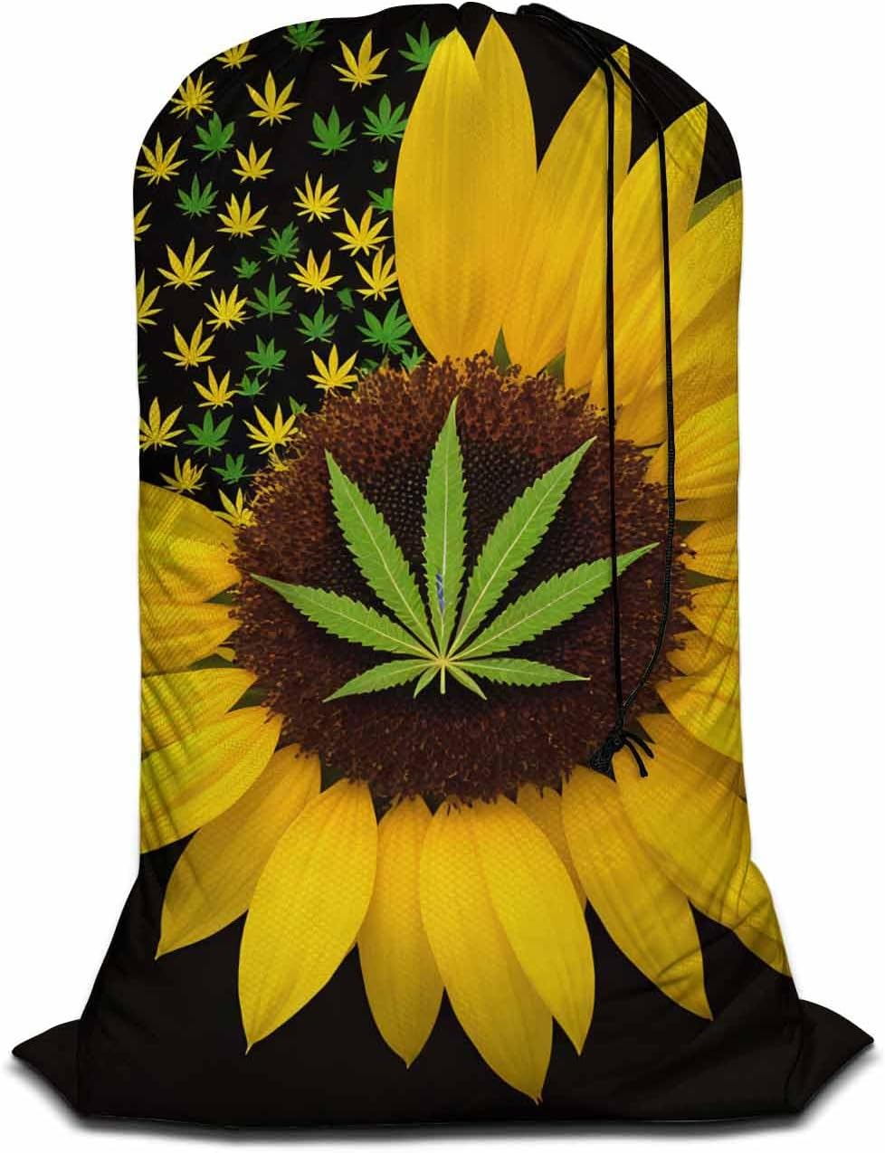 Swono Sunflower With Leaves Drawstring Portable Large Capacity Laundry Bags Summer Yellow Floral Blossom Travel Storage Bags for Apartments, Vacations, Home, 28x40 Inch