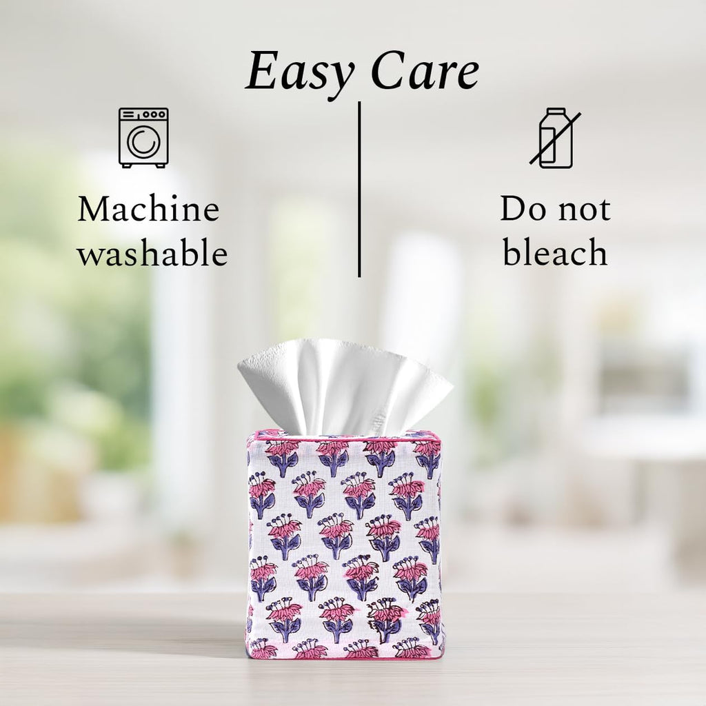 CPC 100% Cotton Piping Block Print Tissue Box Cover, Pink Sapphire