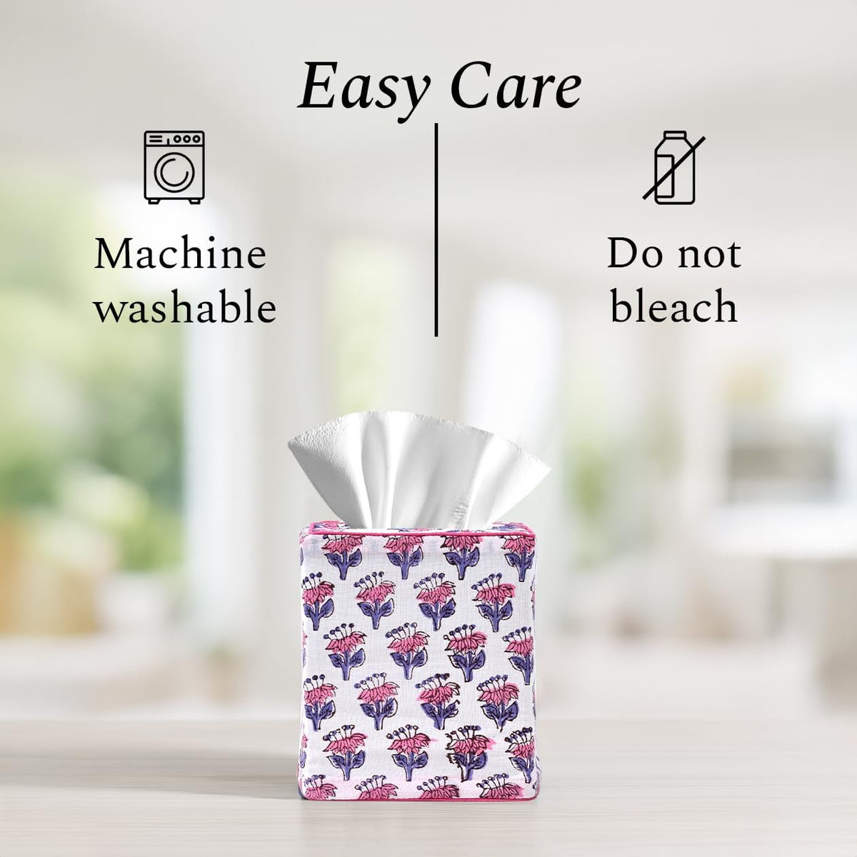 CPC 100% Cotton Piping Block Print Tissue Box Cover, Pink Sapphire