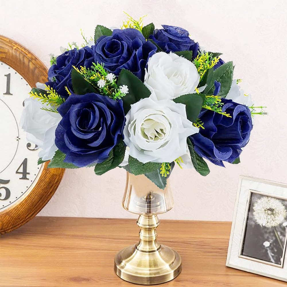 10Pcs Artificial Rose Balls for Centerpieces (Navy Blue & White)