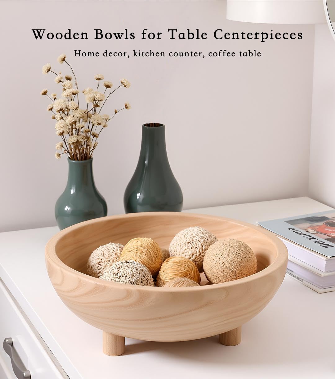 Wooden Decorative Bowl | 11" Large Wood Fruit Bowl for Kitchen Counter | Key Bowl for Entryway Table, Table Centerpieces, Shelf, Coffee Table | Natural Organic Paulownia Wood Bowl with Base | White