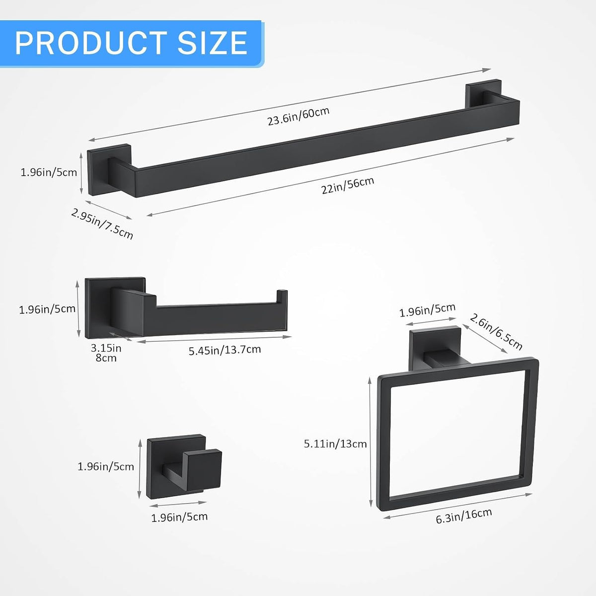 10-Piece Matte Black Bathroom Hardware Accessories Set Black Towel Bar Set Towel Holder Set Stainless Steel Wall-Mounted Towel Rack Set for Bathroom,23.6 Inch Towel Rails