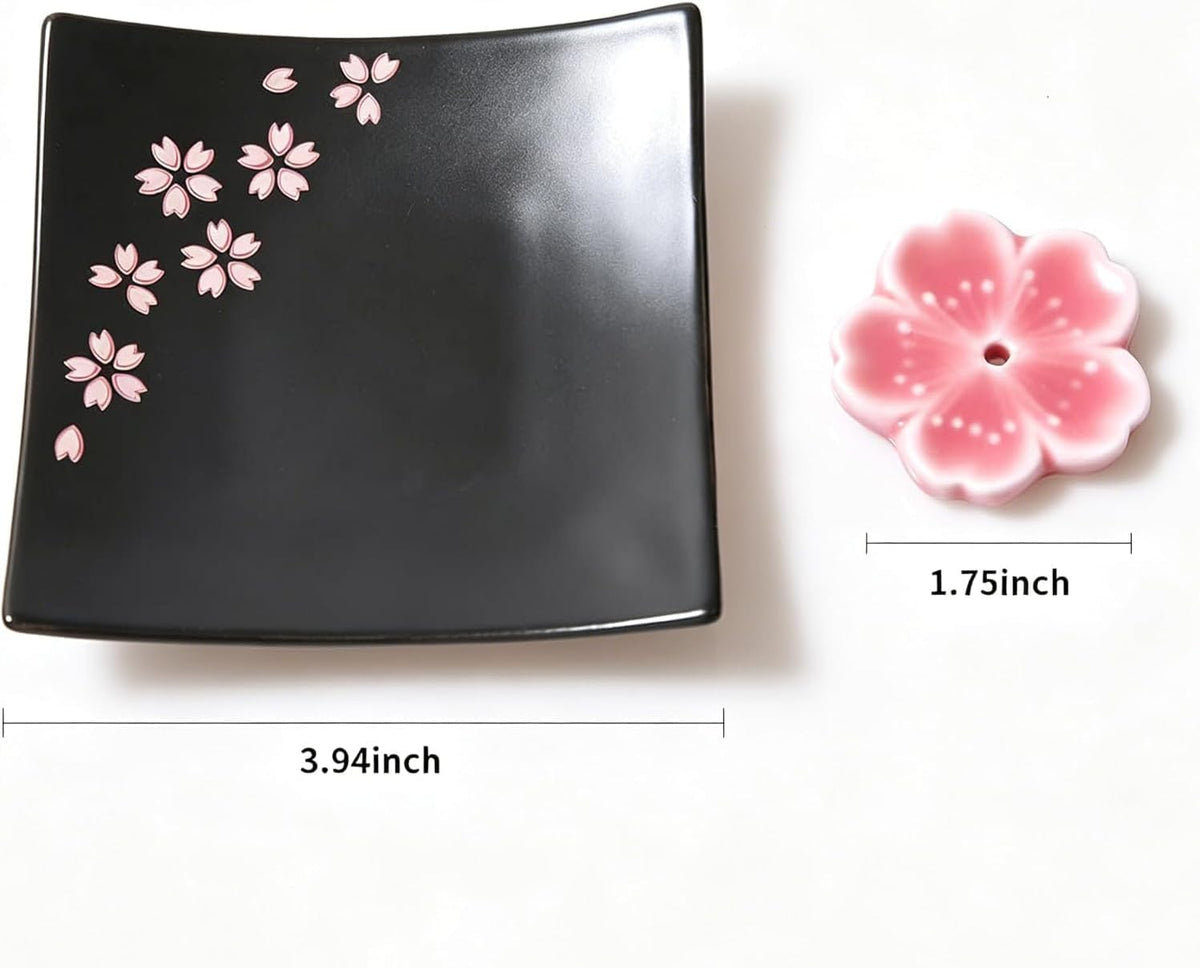 Japanese Cherry Blossom Ceramic Handmade Cute Incense Stick Holder or Incense Burner Holder, Unique Ash Catcher Inscent Tray and Decorative Gift, Home Decor 3.96 inches, Square Black