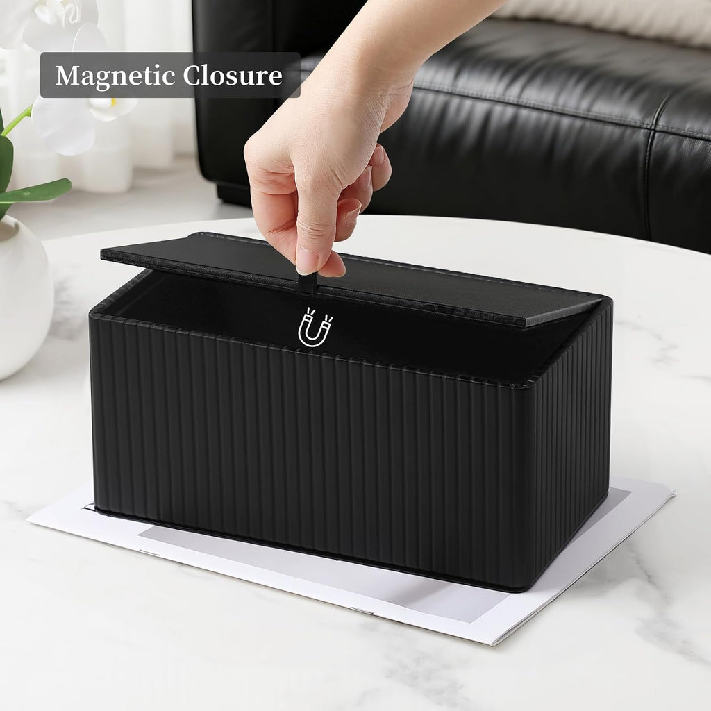 PU Leather Tissue Box Cover Rectangle (Black, Inner Height 3.9")