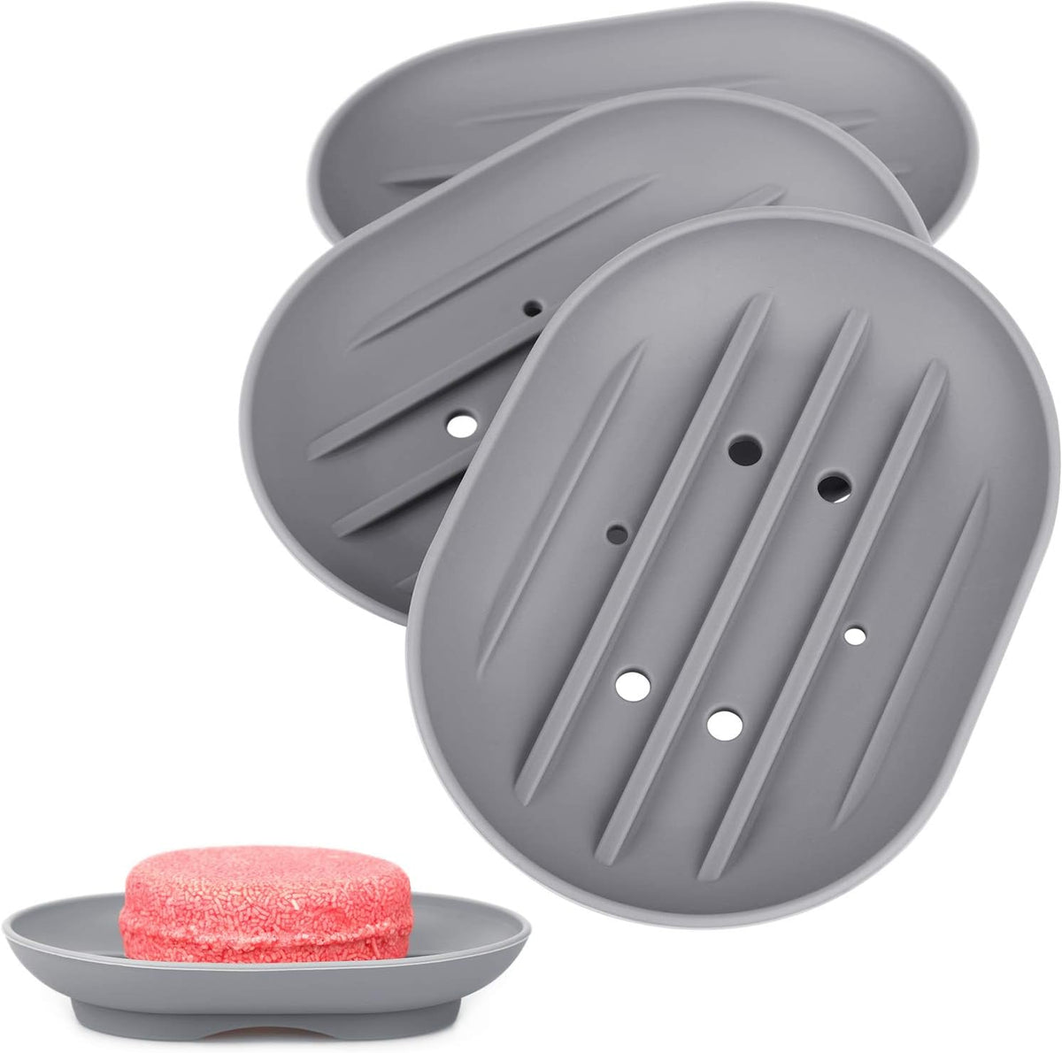 Anwenk Soap Dish, Bathroom Soap Dishes Soap Holder Soap Tray with Holes to Drain Water- Oval Shape Soap Dish for Shower Bathroom Kitchen Counter Top, Keep Bars Dry - Flexible Silicone Grey, 3 Pack