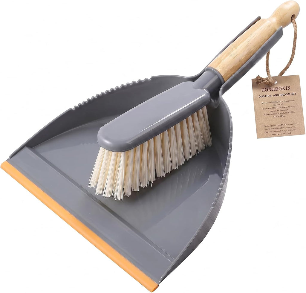 Dust Pan and Brush Set - Small Hand Broom with Dust Pan with Rubber Lip, Comfortable Use for Home, Office, Pet Hair Cleaning, 14 x 8.7 inch, Grey Orange
