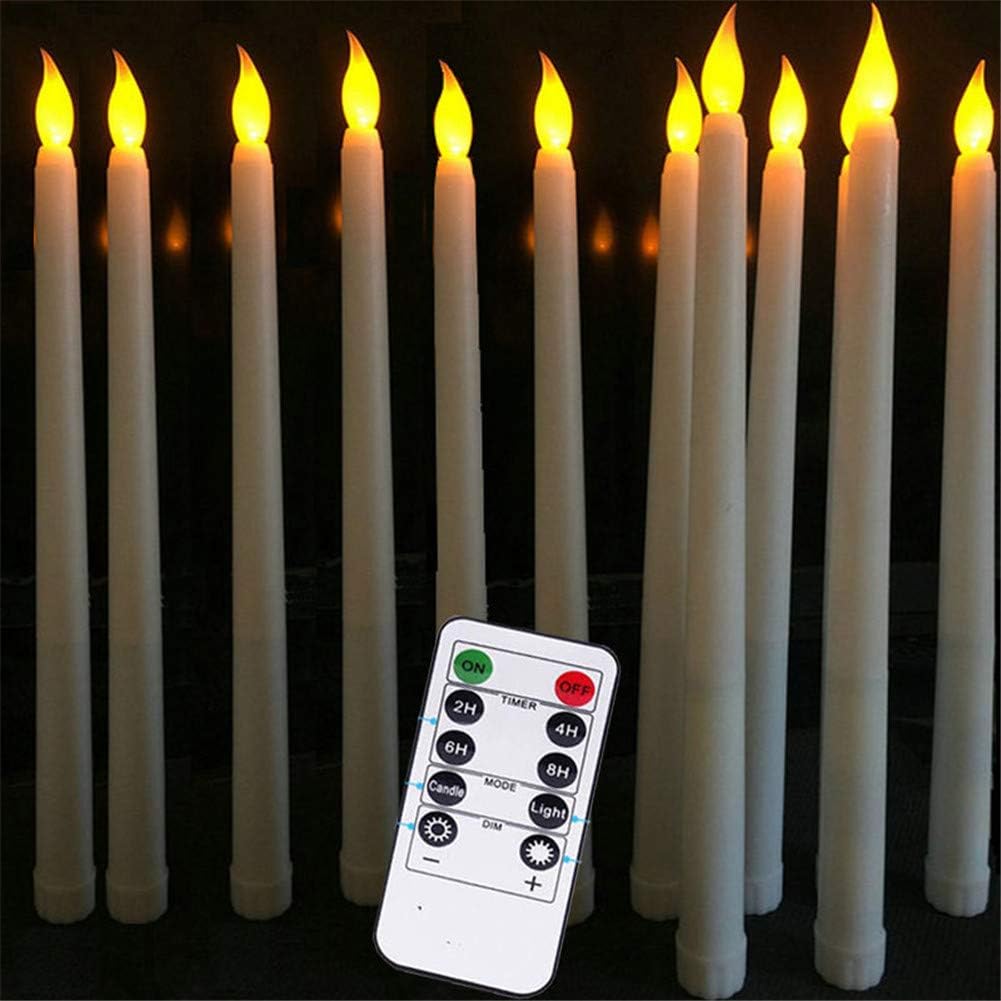 Pack of 12 Remote Flameless LED Taper Candles with Yellow Flickering Light,Realistic Plastic 11 inch Long White Battery Operated Candlestick for Halloween Christmas