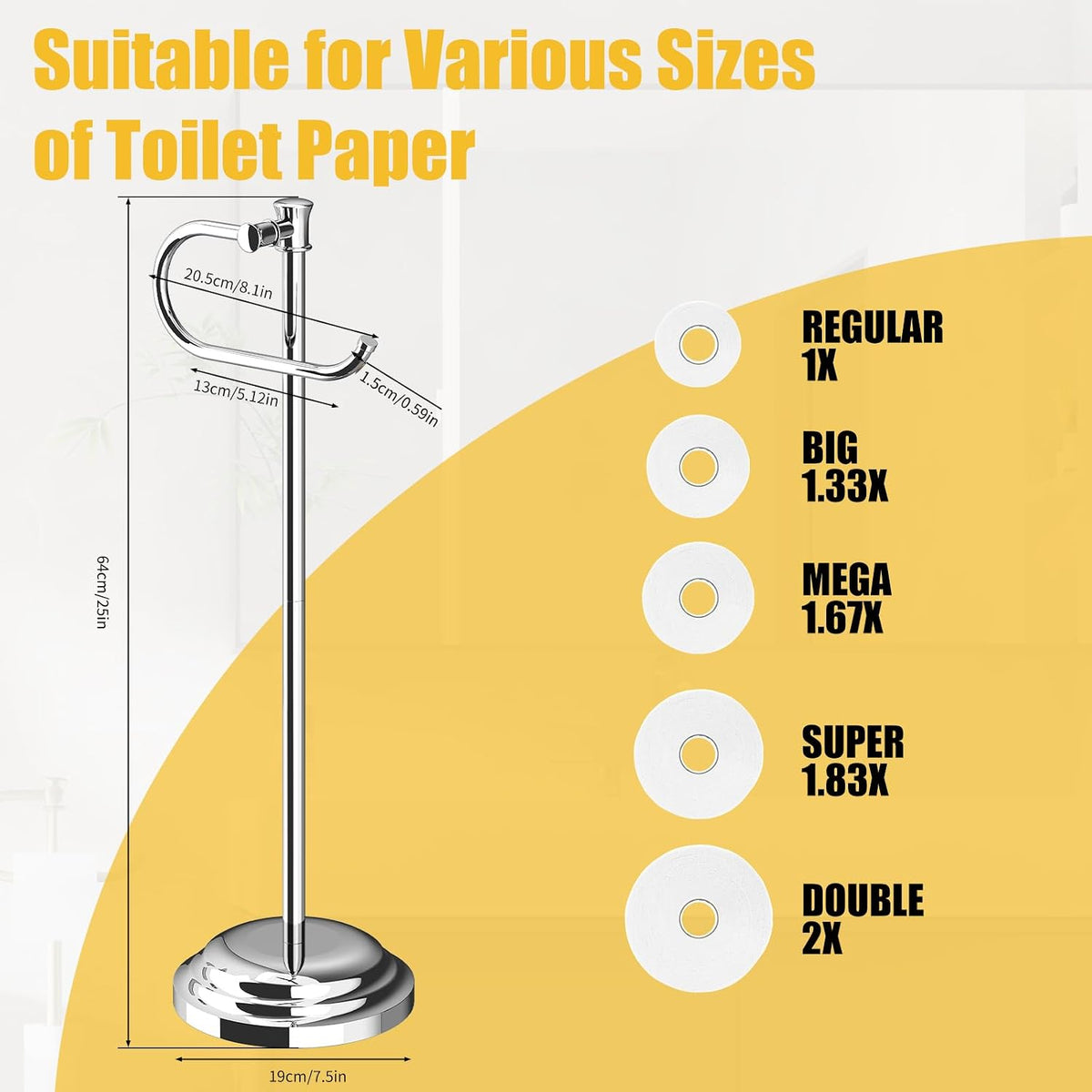 BESy Toilet Paper Holder Floor Stand, Bathroom Freestanding Chrome