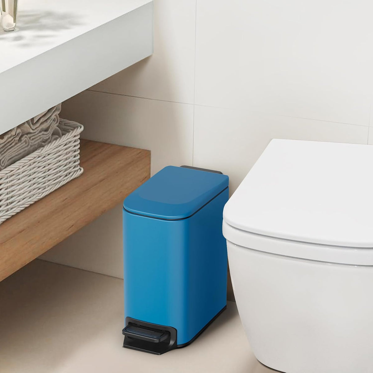 Cesun Small Bathroom Trash Can with Lid, 1.6 Gal, Soft Close, Blue