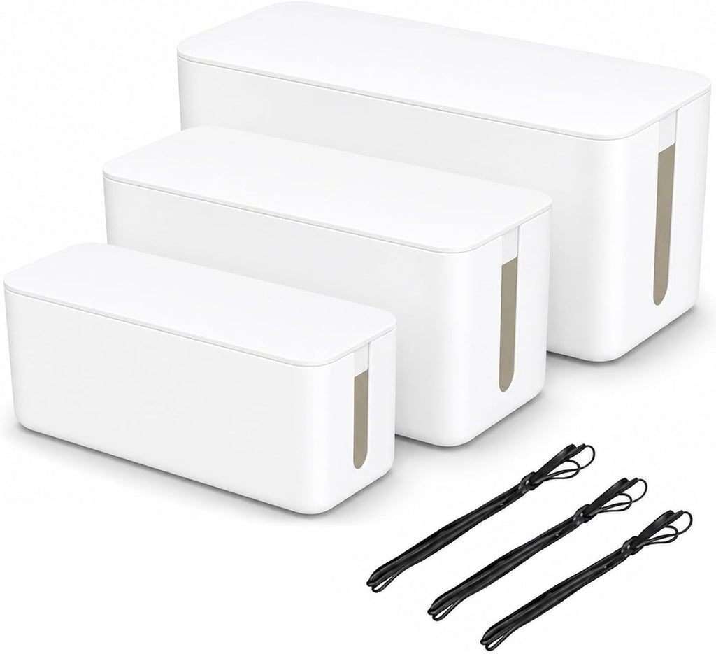 [Set of 3] 3 Cable Management Boxes + 3 Wire Ties, Large Cord Box Organizers to Hold and Hide Power Strip Charger Adapter Power Cord Charging Station USB HUB (White)