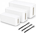 [Set of 3] 3 Cable Management Boxes + 3 Wire Ties, Large Cord Box Organizers to Hold and Hide Power Strip Charger Adapter Power Cord Charging Station USB HUB (White)