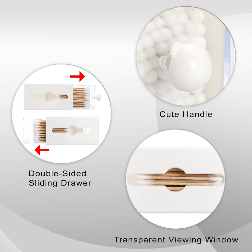 Qtip Holder Plastic Bathroom Dispenser Accessories Storage Canister Wall Mounted Apothecary Jar for Q-tip Cotton Swab Balls Pads Small Vanity Organizer with Double-sided Drawer