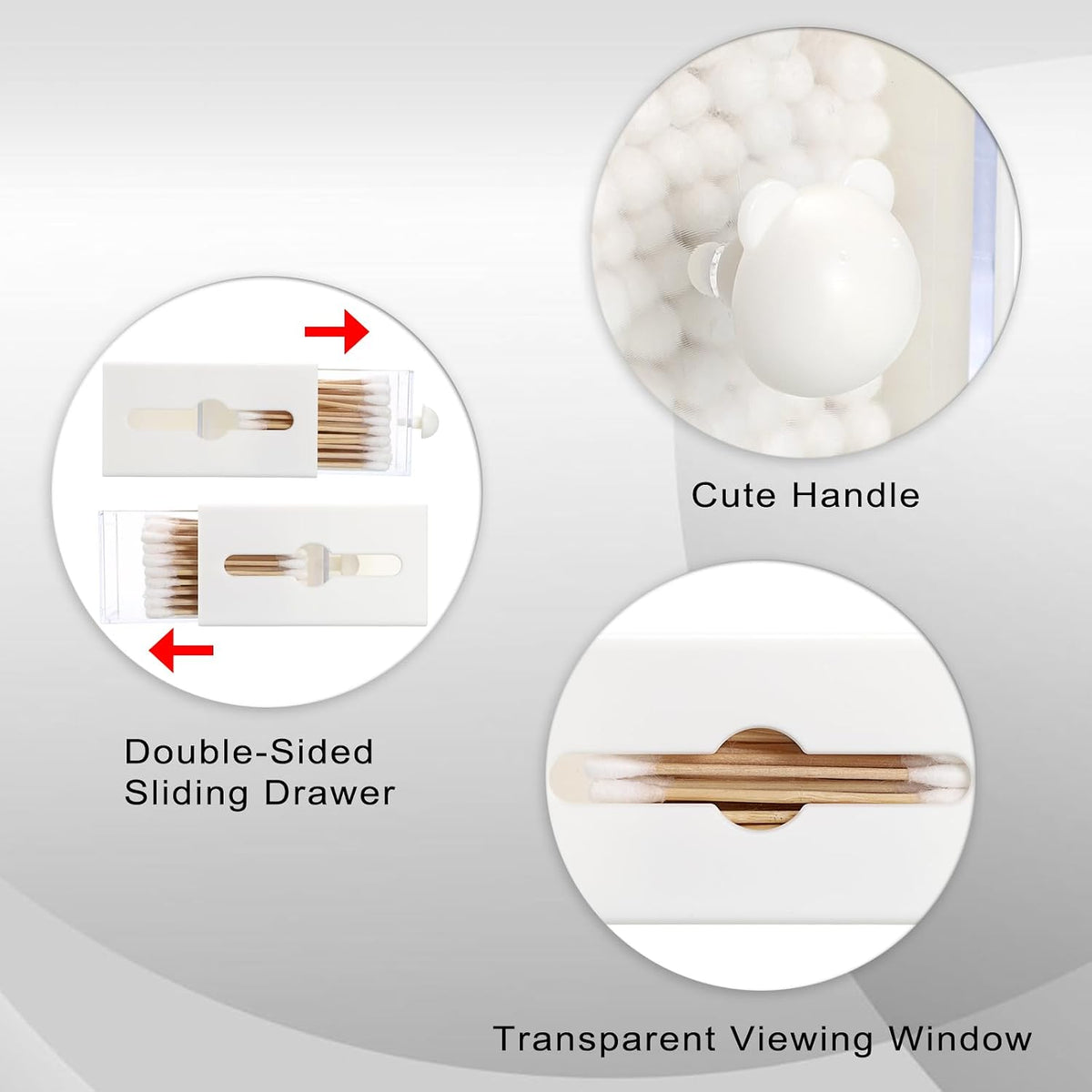 Qtip Holder Plastic Bathroom Dispenser Accessories Storage Canister Wall Mounted Apothecary Jar for Q-tip Cotton Swab Balls Pads Small Vanity Organizer with Double-sided Drawer