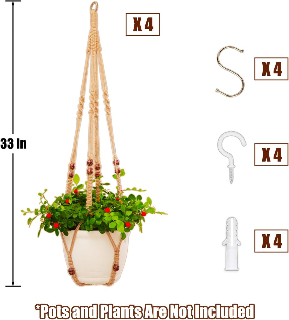 4 Pack Macrame Plant Hangers Indoor Set Large Crochet Hanging Holder, Brown