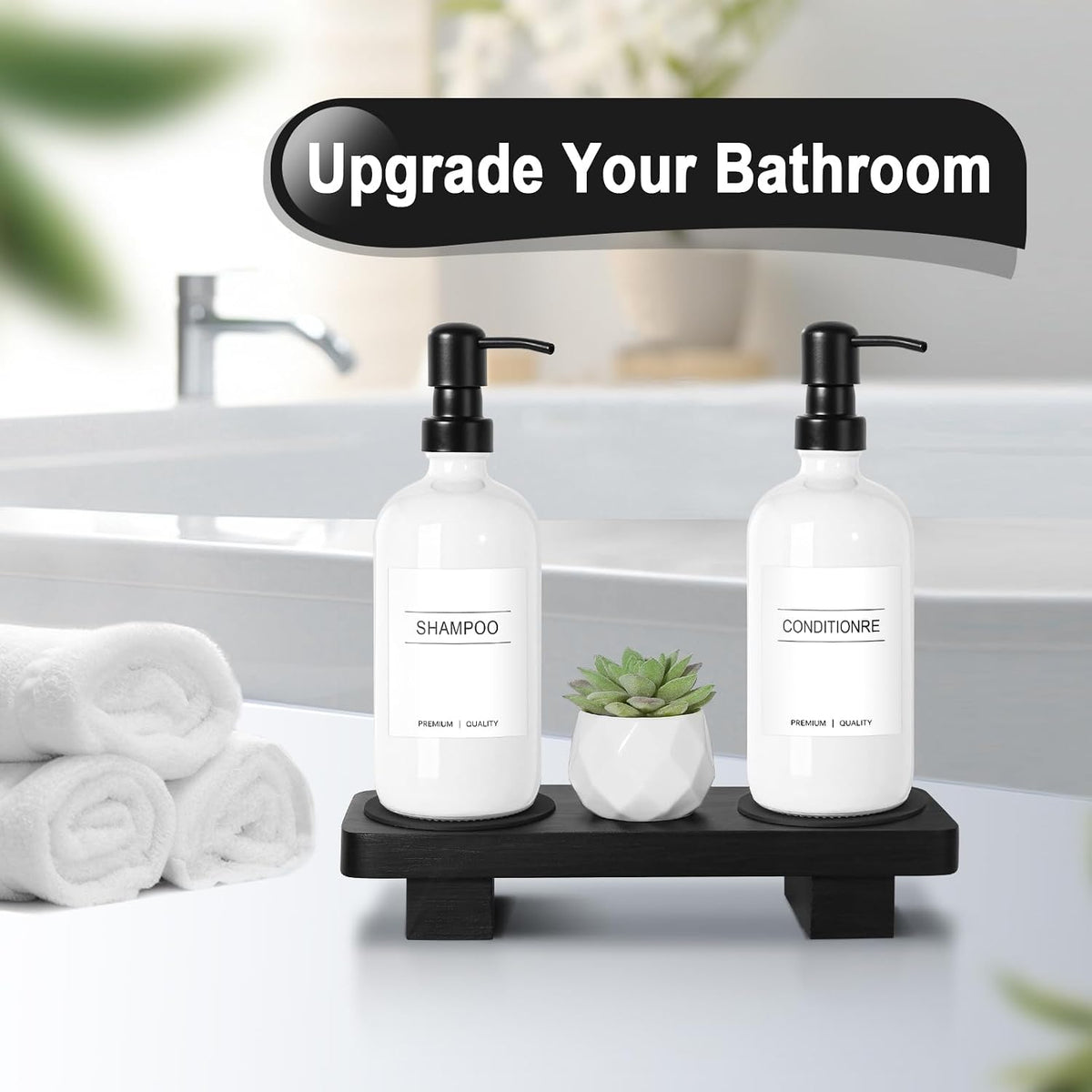 KASUNTING Hand Soap Dispenser for Kitchen, White Soap Dispensers with Stainless Steel Pump, Bathroom Soap Dispenser Set with Wood Riser Tray, Kitchen Dish Soap Dispensers Bathroom Decor(White)