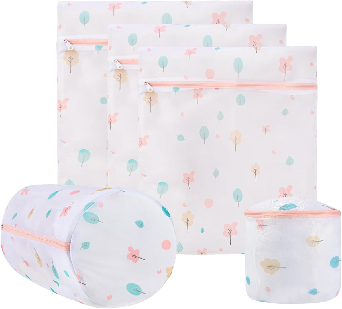 Durable Mesh Zipper Laundry Bags Machine Wash, 5-Piece Tree Print