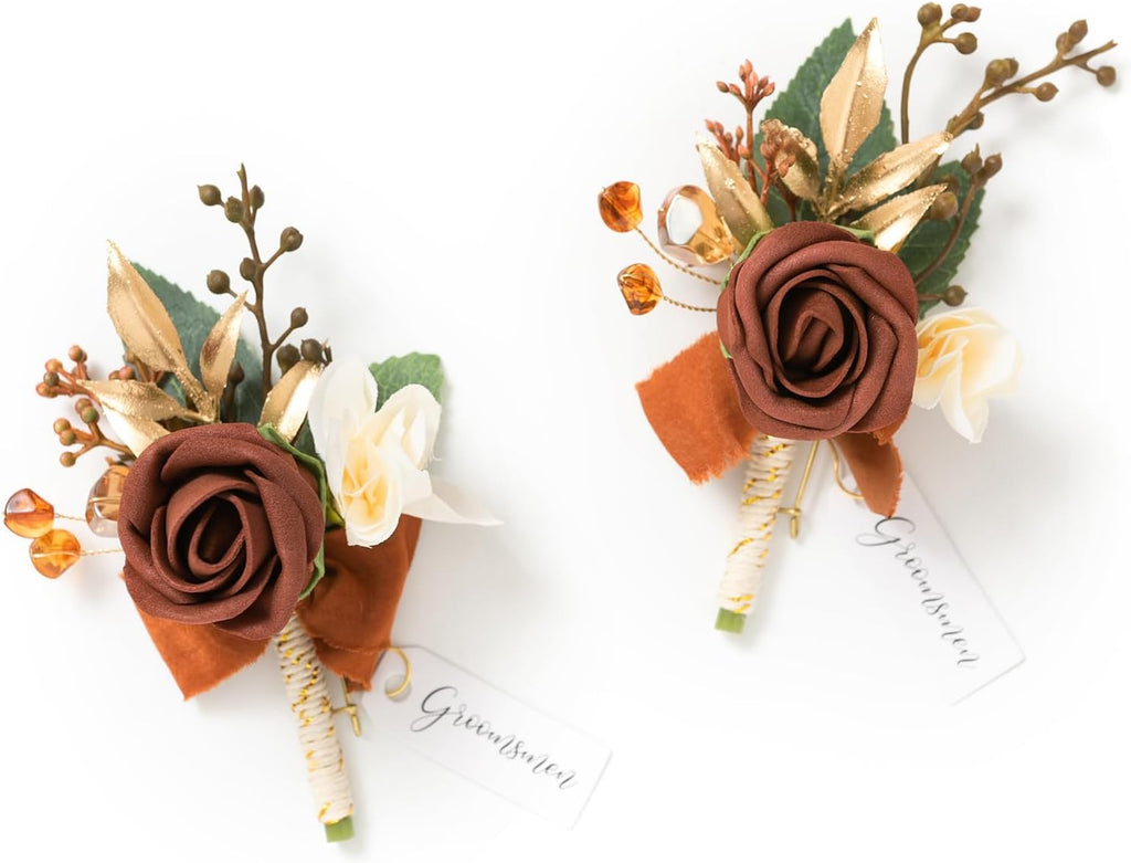 Ling's moment Boutonniere for Men, 2pcs, Fall Orange Terracotta