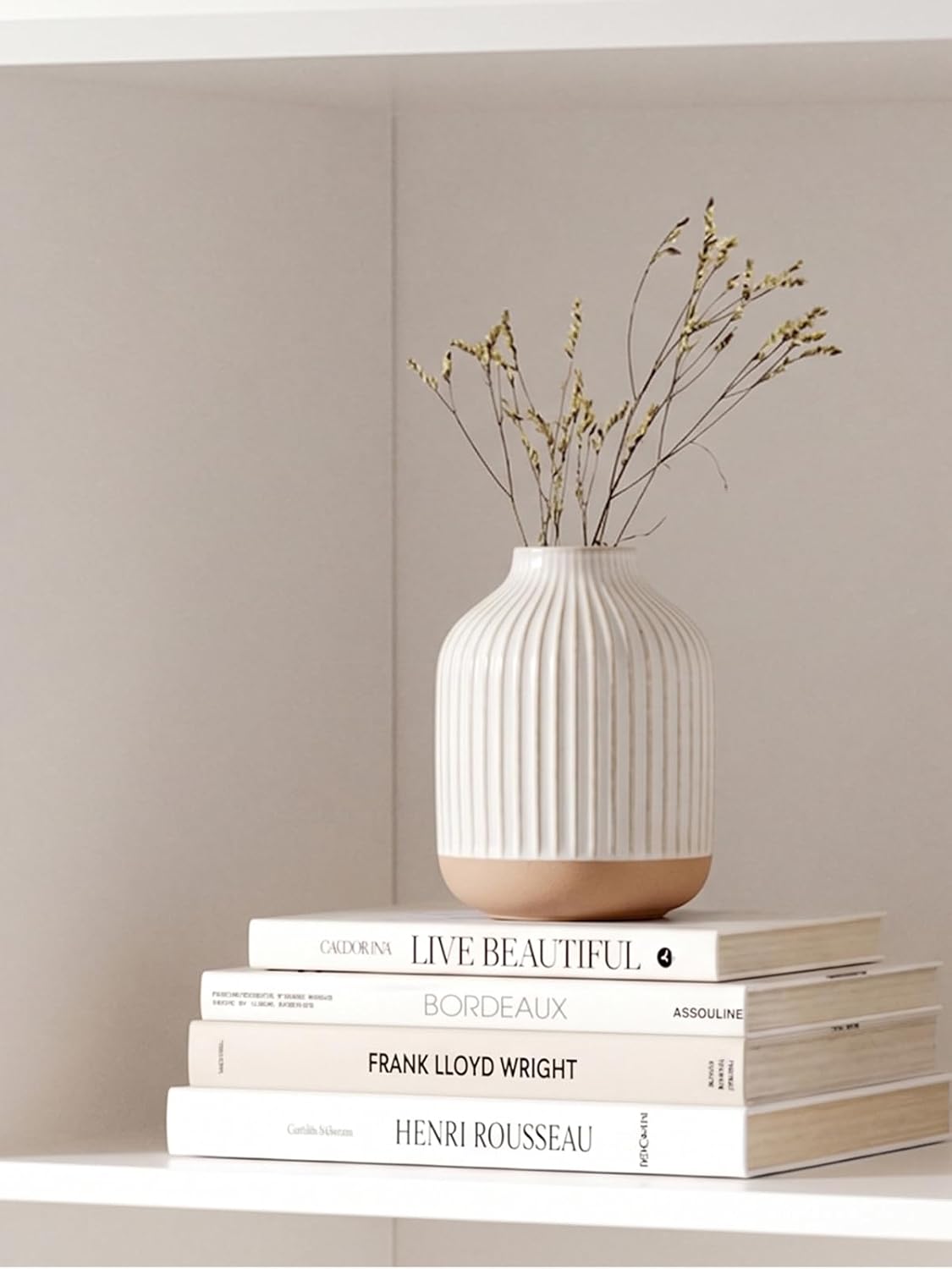 Boho Farmhouse Small Ceramic Vase for Pampas Grass & Flowers - 5.3 Inch Rustic White Vase, Centerpiece for Eucalyptus, Tiny Stems & Bouquets with Embossed Lines