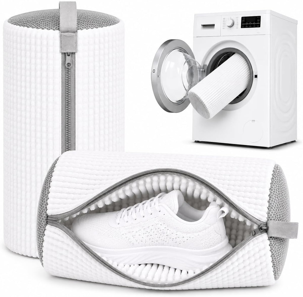 2 Pack Shoe Washing Machine Bag, Laundry Shoe Bag for Washer and Dryer, Reusable Shoe Cleaning Bag for Sneakers and All Shoes Types with Self-Locking Zipper(Pure White)