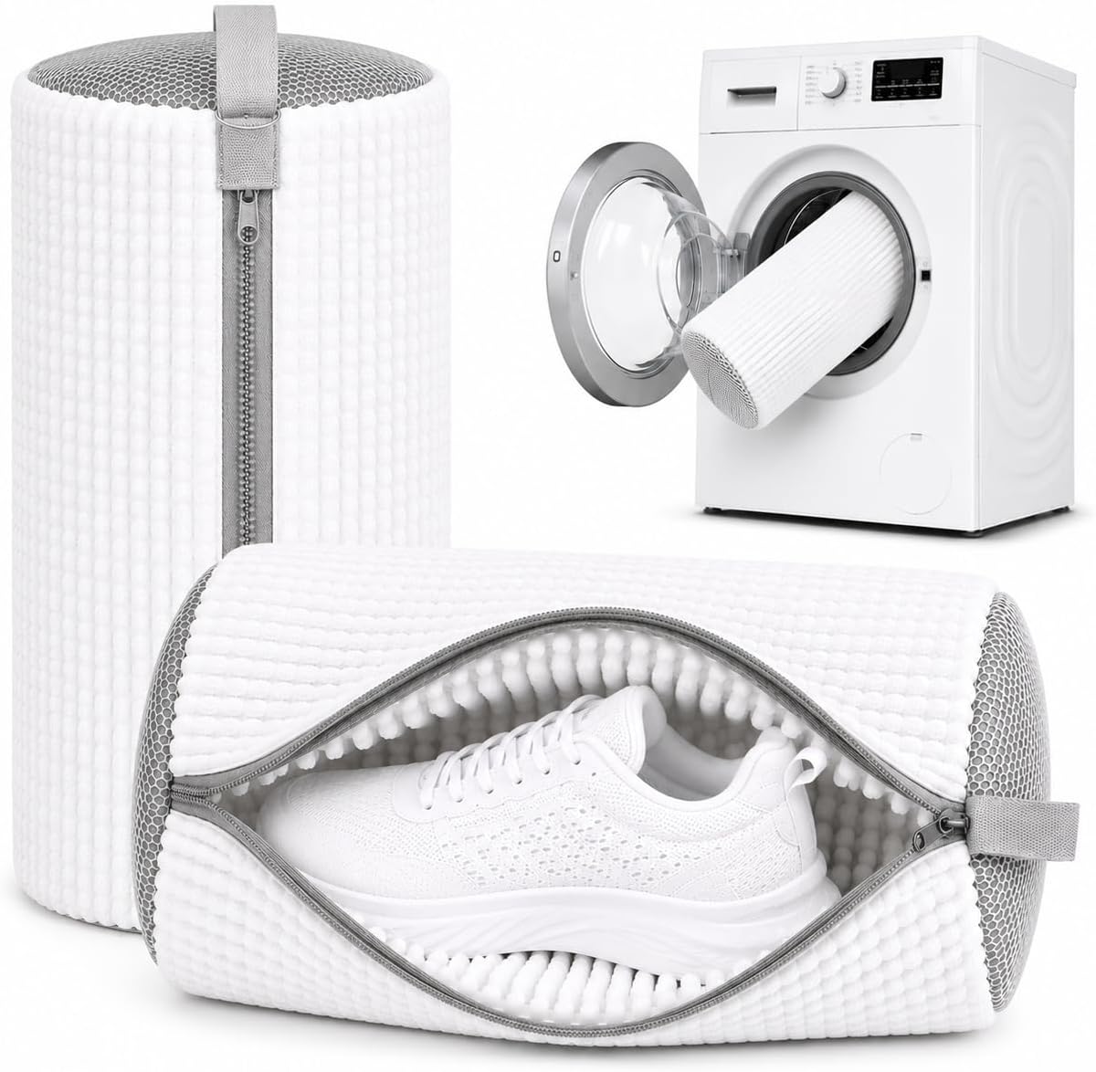 2 Pack Shoe Washing Machine Bag, Laundry Shoe Bag for Washer and Dryer, Reusable Shoe Cleaning Bag for Sneakers and All Shoes Types with Self-Locking Zipper(Pure White)