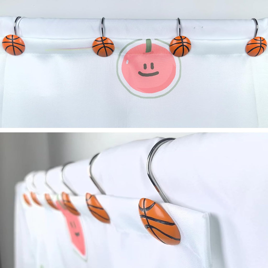 Basketball Shower Hooks 12 Pack, Court Style Bathroom Decor - Durable Stainless Steel Hooks, Gift for Sports Fans