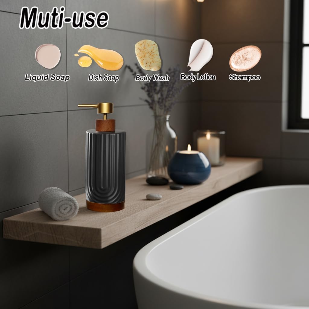 Black Soap Dispenser,Ceramic with Wood Hand Soap Dispenser, 16oz Refillable Liquid Bottle, for Modern Home Decor, Bathroom, Kitchen Countertop, Hotel (Black)